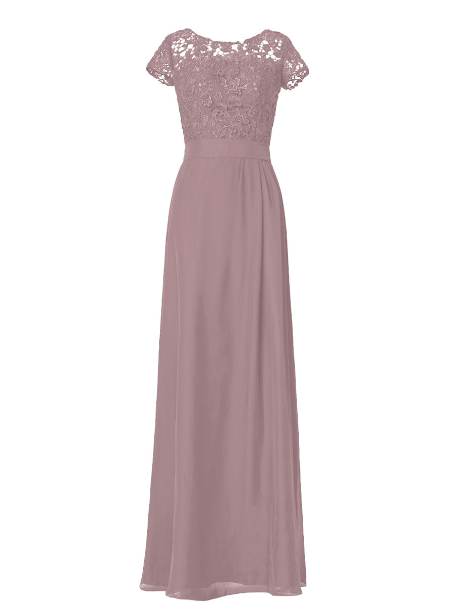 Lace Column Boat Neck Short Sleeves Bridesmaid Dress-MB03007