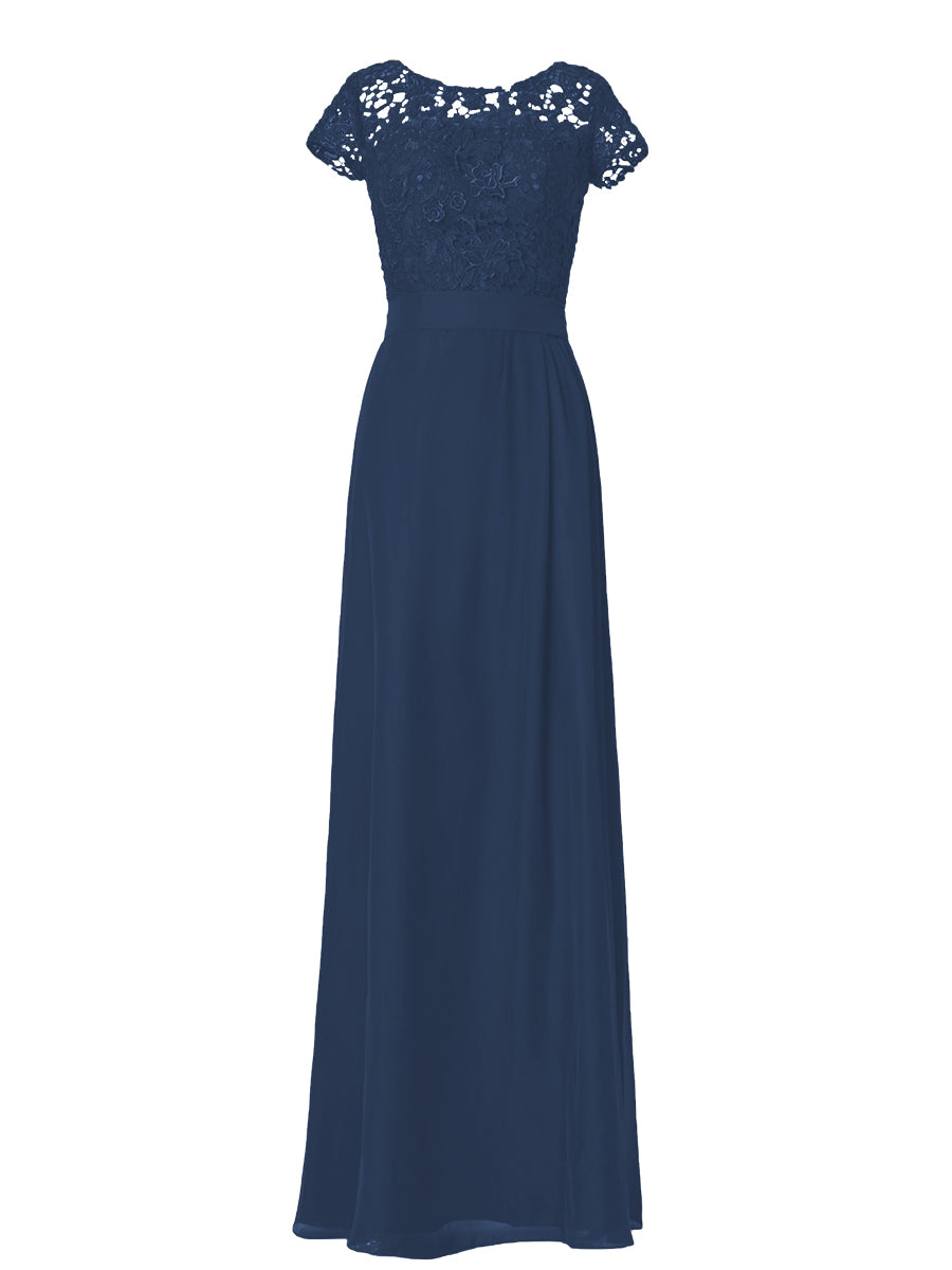 Lace Column Boat Neck Short Sleeves Bridesmaid Dress-MB03007