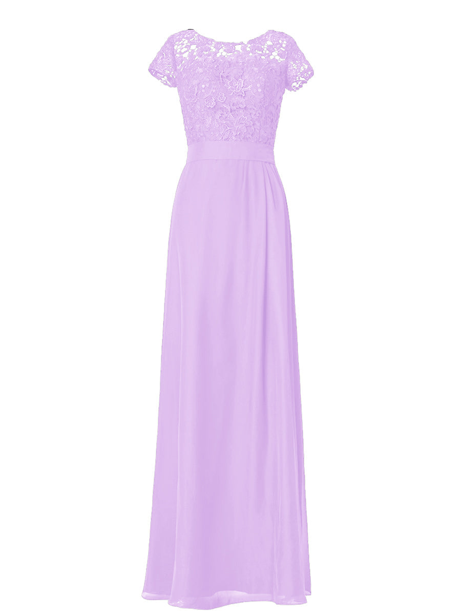 Lace Column Boat Neck Short Sleeves Bridesmaid Dress-MB03007