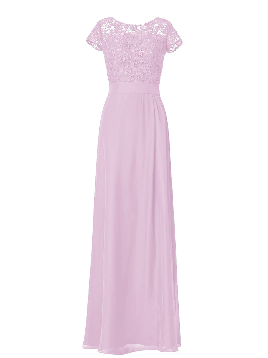 Lace Column Boat Neck Short Sleeves Bridesmaid Dress-MB03007