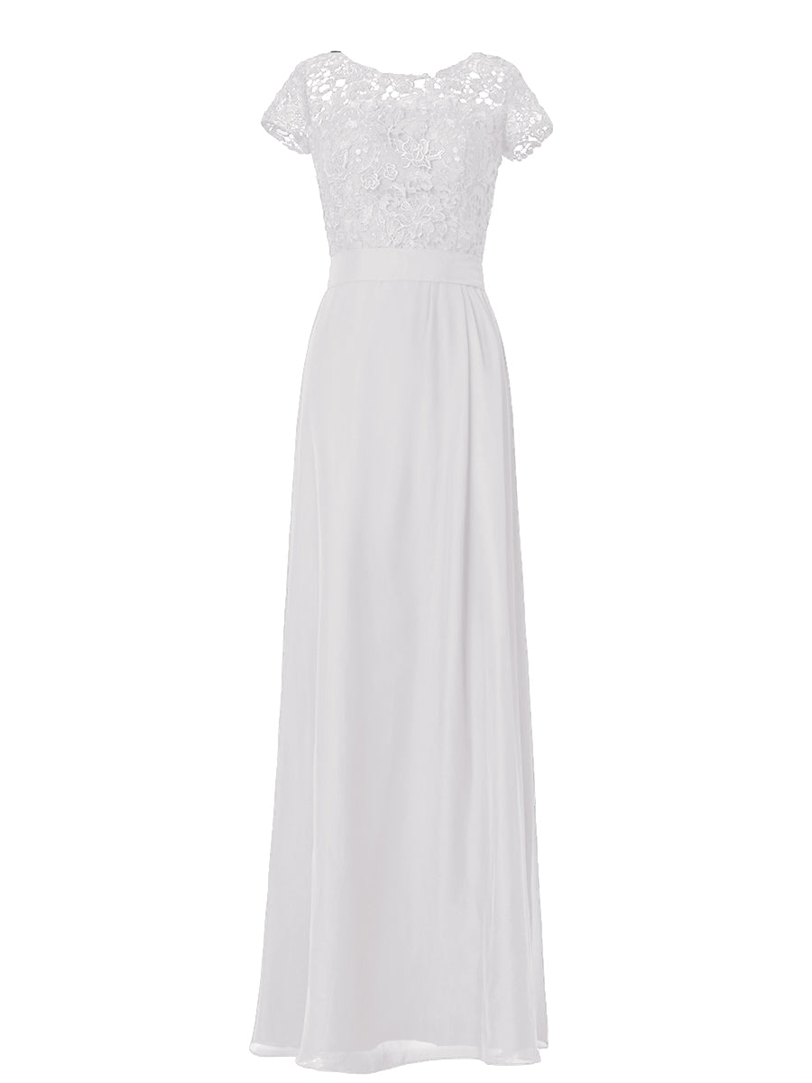 Lace Column Boat Neck Short Sleeves Bridesmaid Dress-MB03007