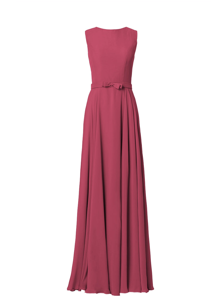 Chiffon Column Jewel Neck Sleeveless Bridesmaid Dress-MB03017