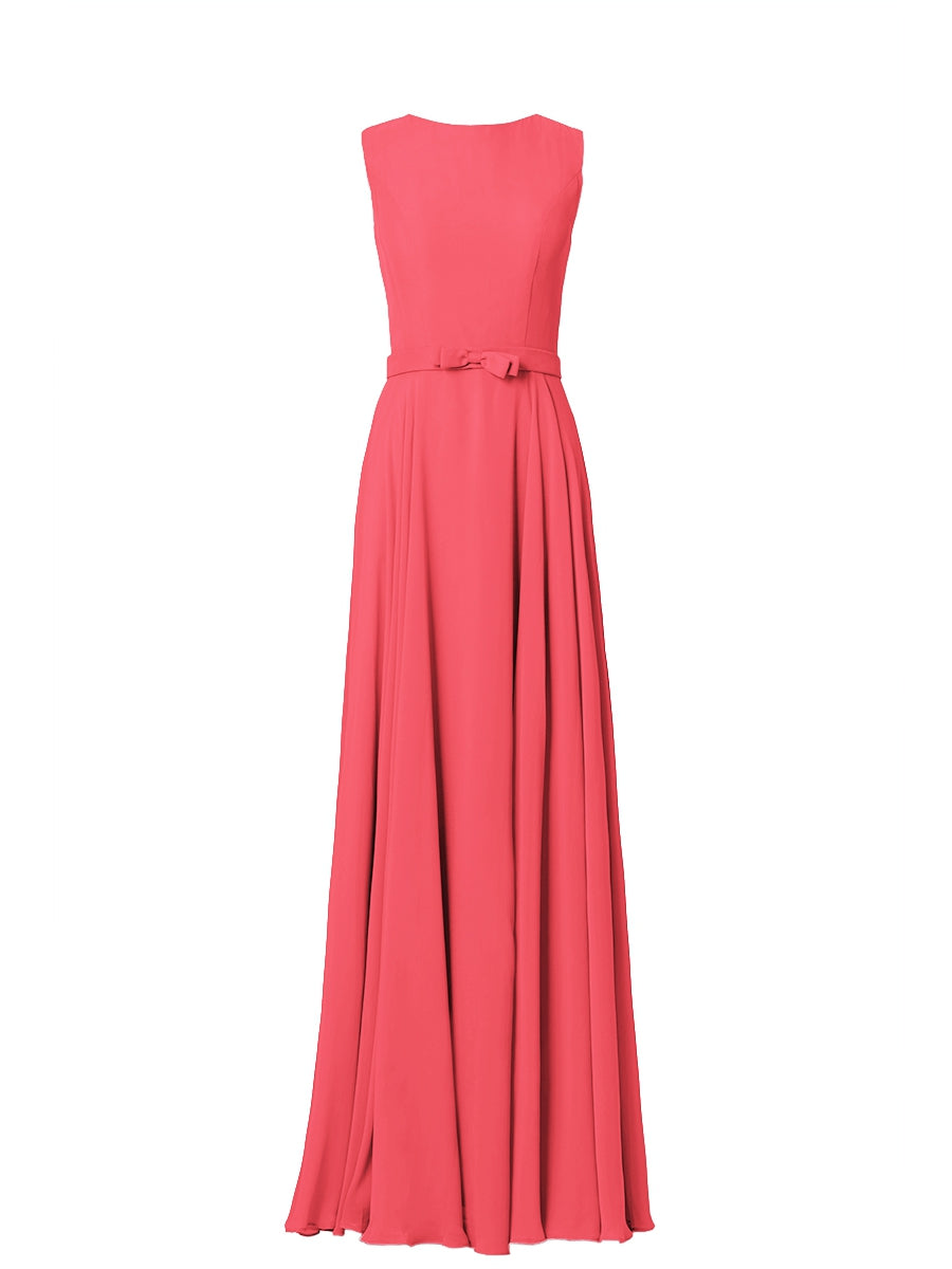 Chiffon Column Jewel Neck Sleeveless Bridesmaid Dress-MB03017