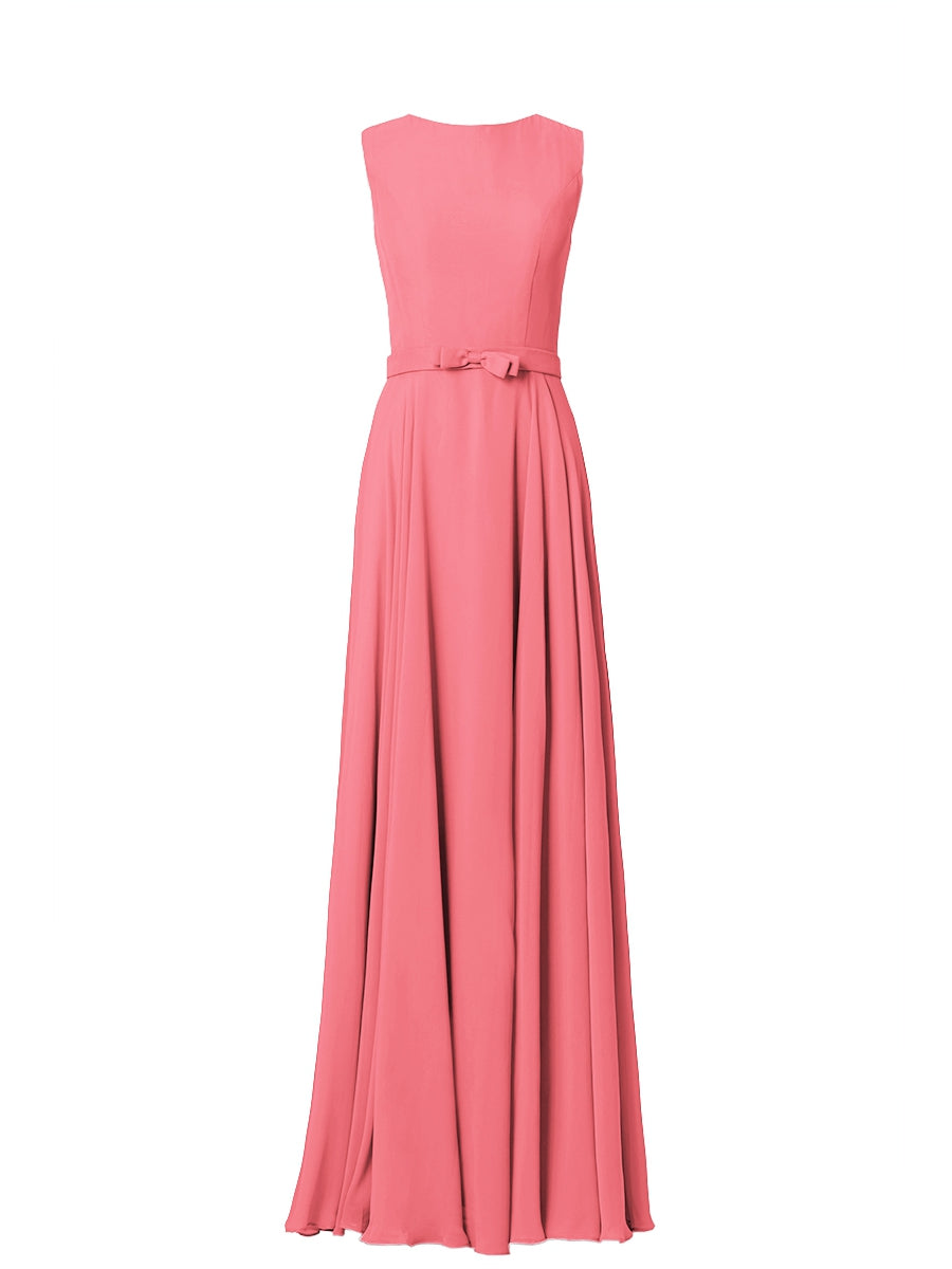Chiffon Column Jewel Neck Sleeveless Bridesmaid Dress-MB03017
