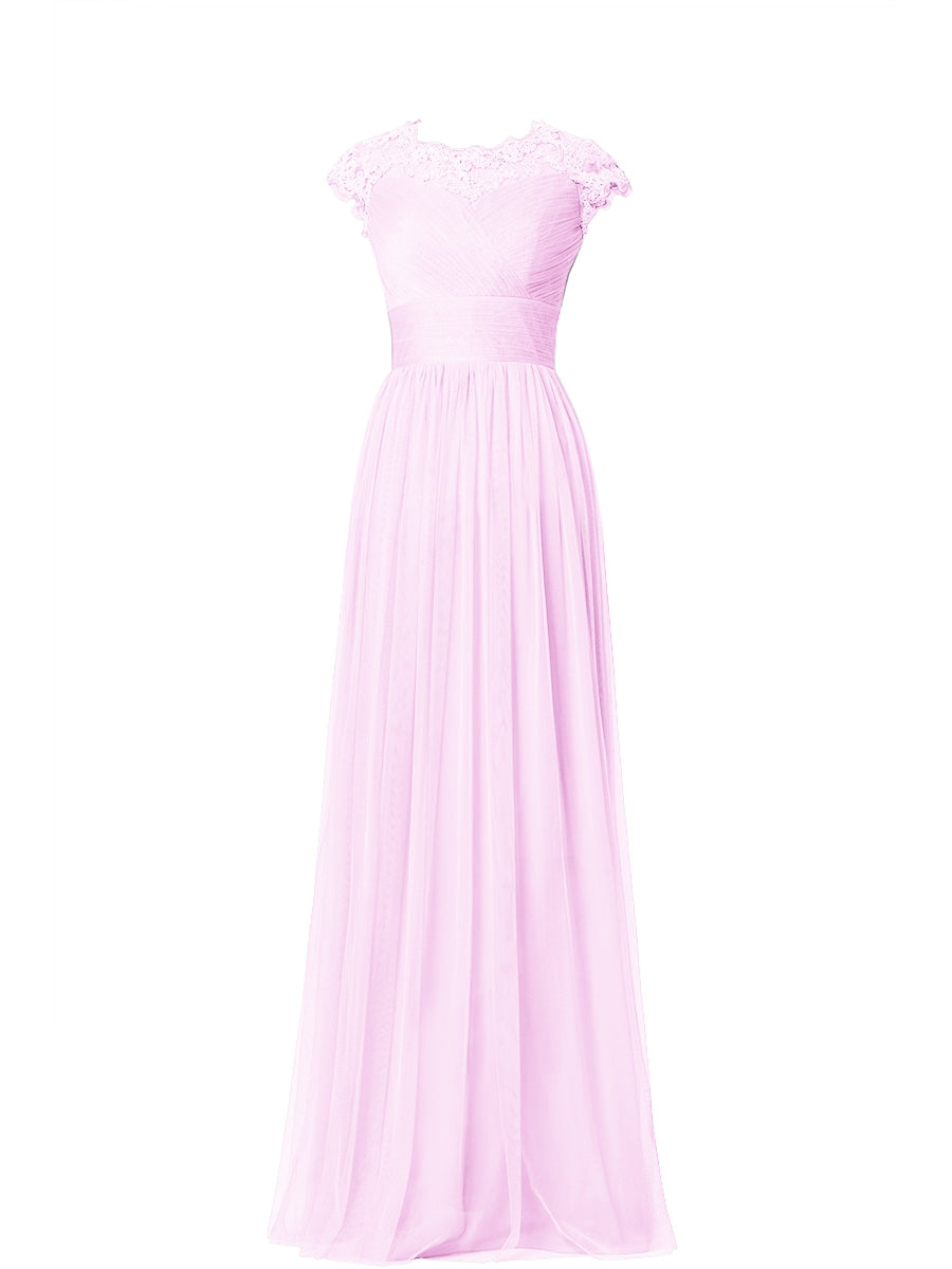 Tulle Column Scoop Neck Sheer Sleeves Bridesmaid Dress-MB03019