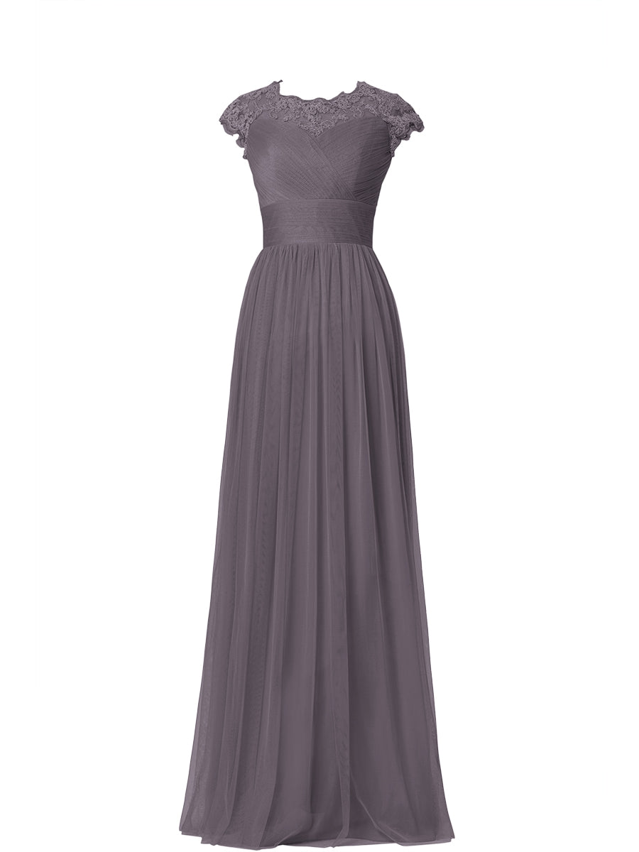 Tulle Column Scoop Neck Sheer Sleeves Bridesmaid Dress-MB03019