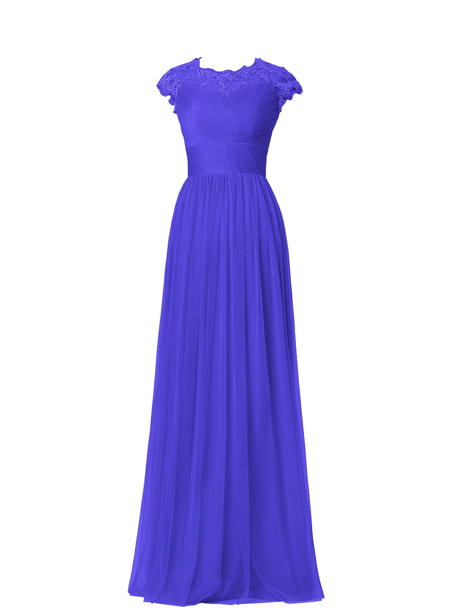 Tulle Column Scoop Neck Sheer Sleeves Bridesmaid Dress-MB03019