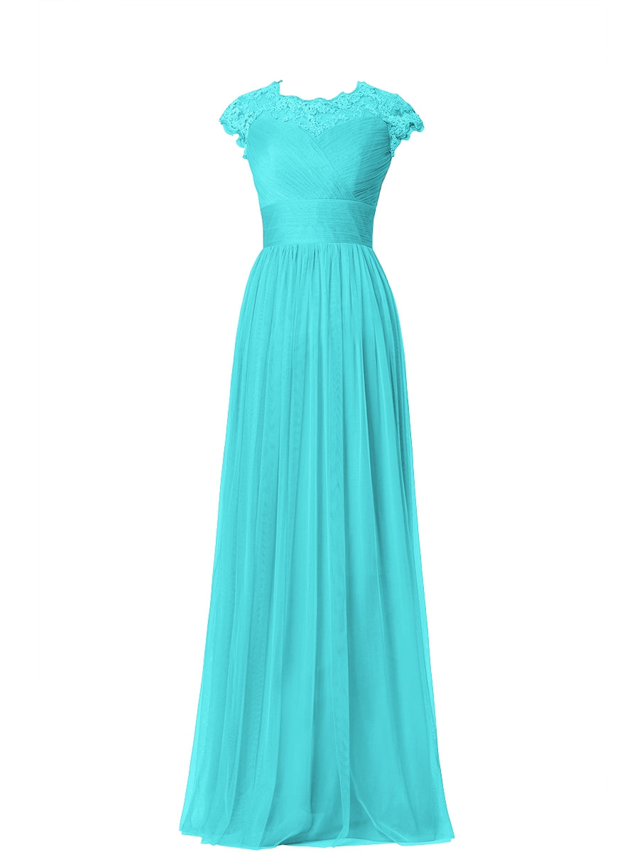 Tulle Column Scoop Neck Sheer Sleeves Bridesmaid Dress-MB03019