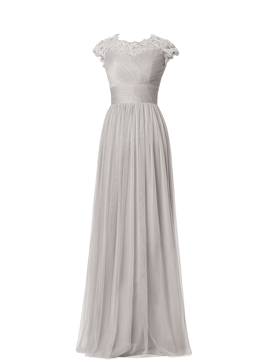 Tulle Column Scoop Neck Sheer Sleeves Bridesmaid Dress-MB03019