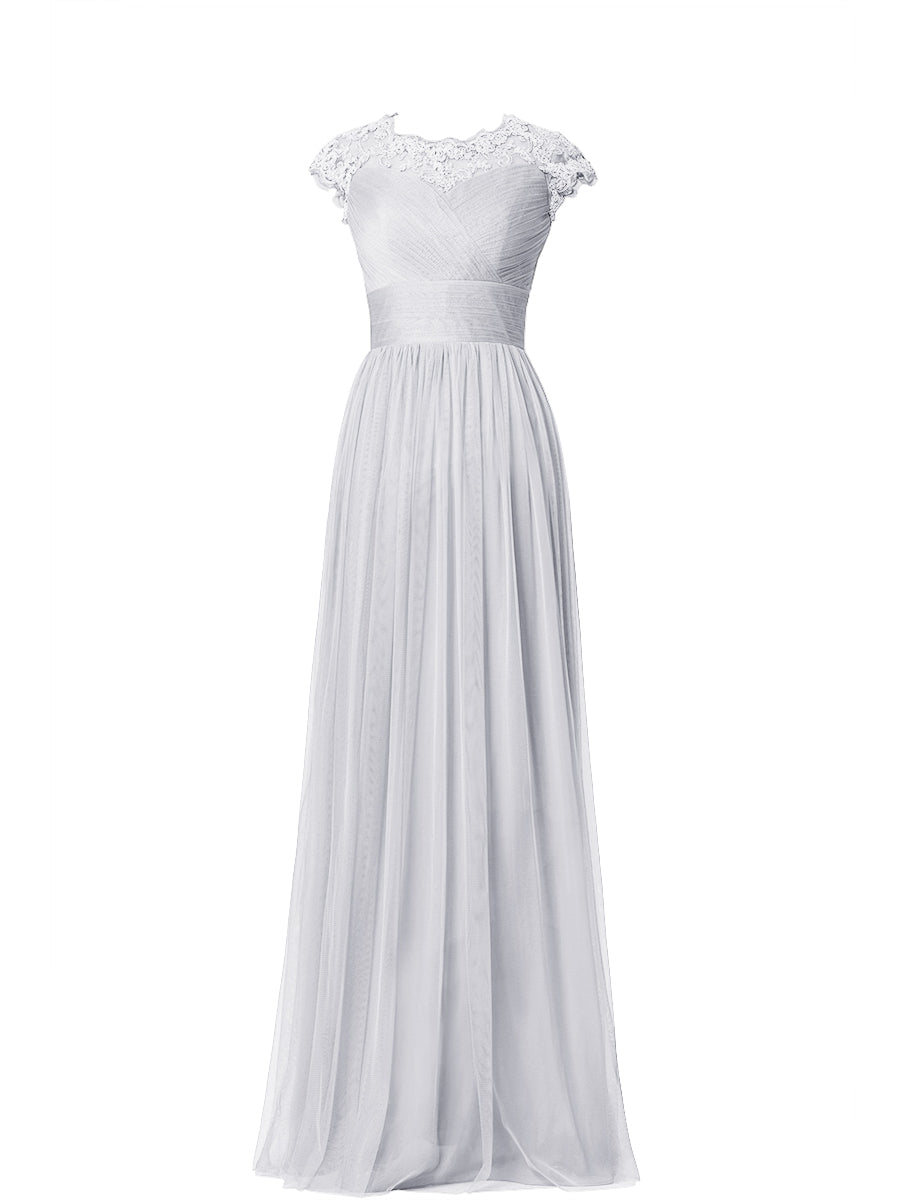 Tulle Column Scoop Neck Sheer Sleeves Bridesmaid Dress-MB03019