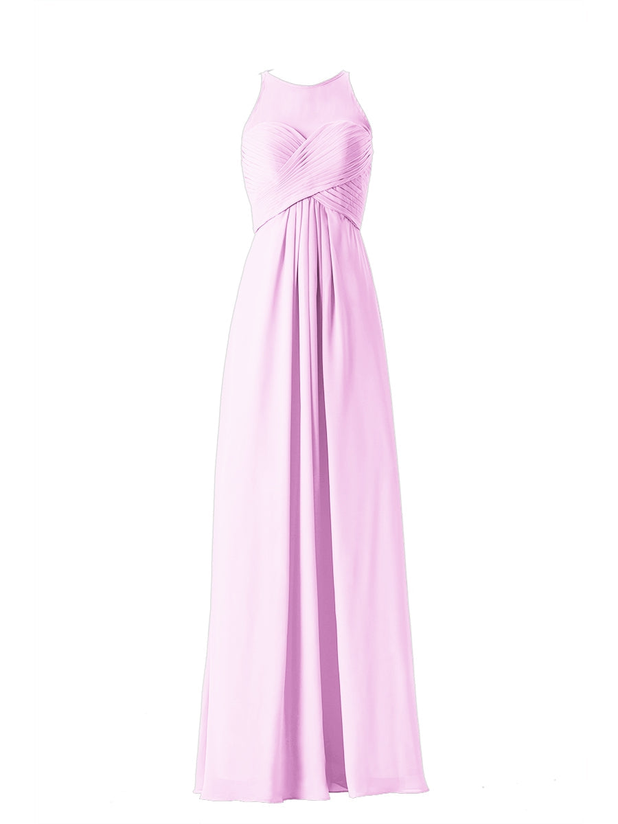 Chiffon Column Boat Neck Sleeveless Bridesmaid Dress-MB13630