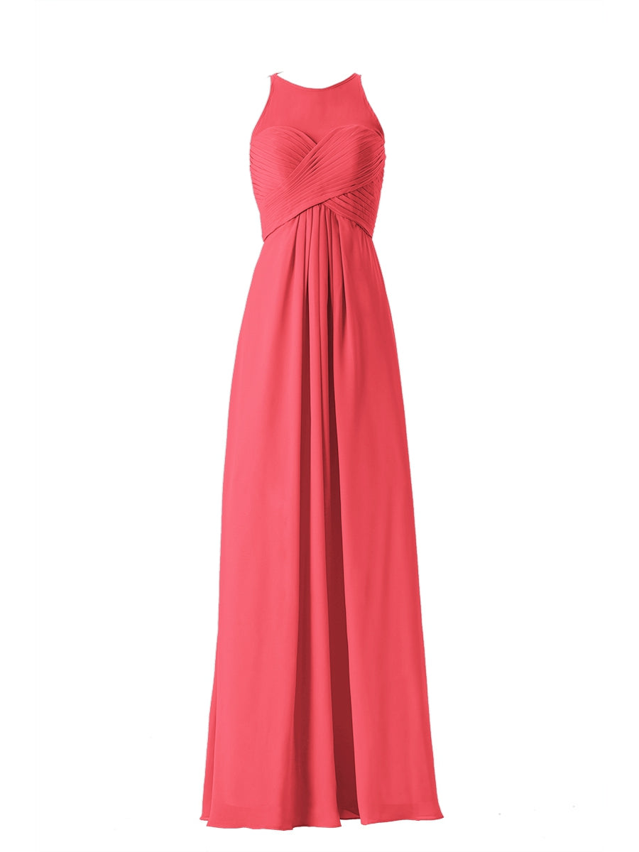 Chiffon Column Boat Neck Sleeveless Bridesmaid Dress-MB13630