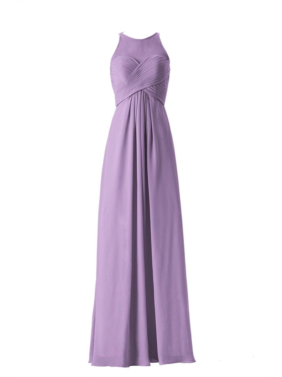 Chiffon Column Boat Neck Sleeveless Bridesmaid Dress-MB13630