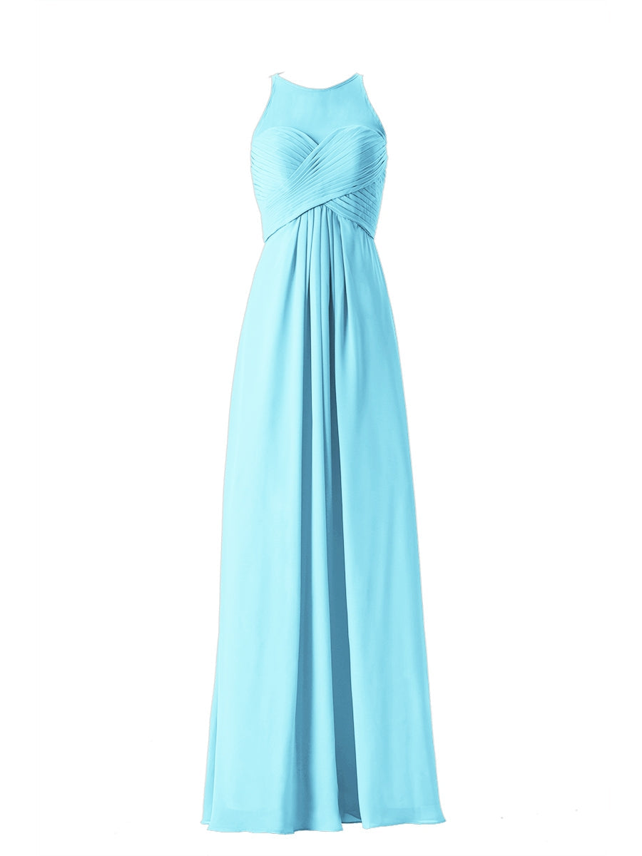 Chiffon Column Boat Neck Sleeveless Bridesmaid Dress-MB13630