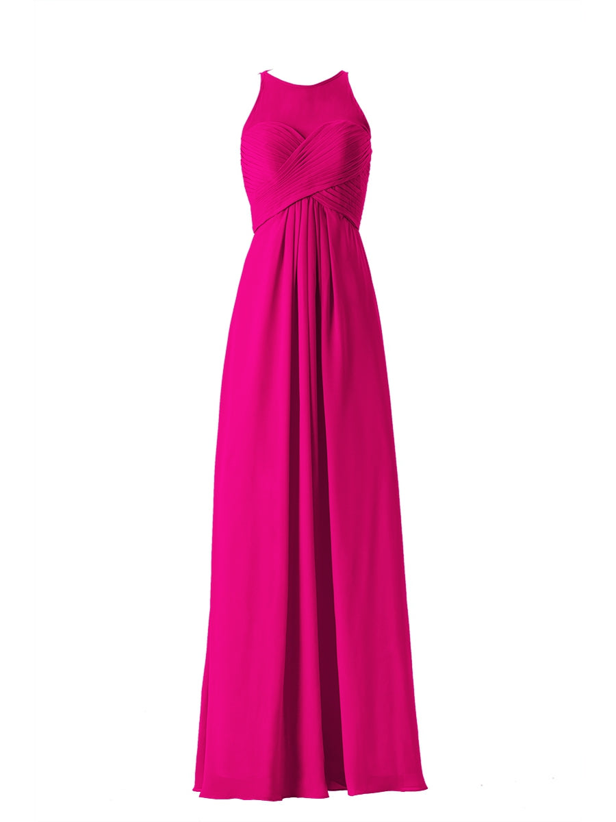 Chiffon Column Boat Neck Sleeveless Bridesmaid Dress-MB13630