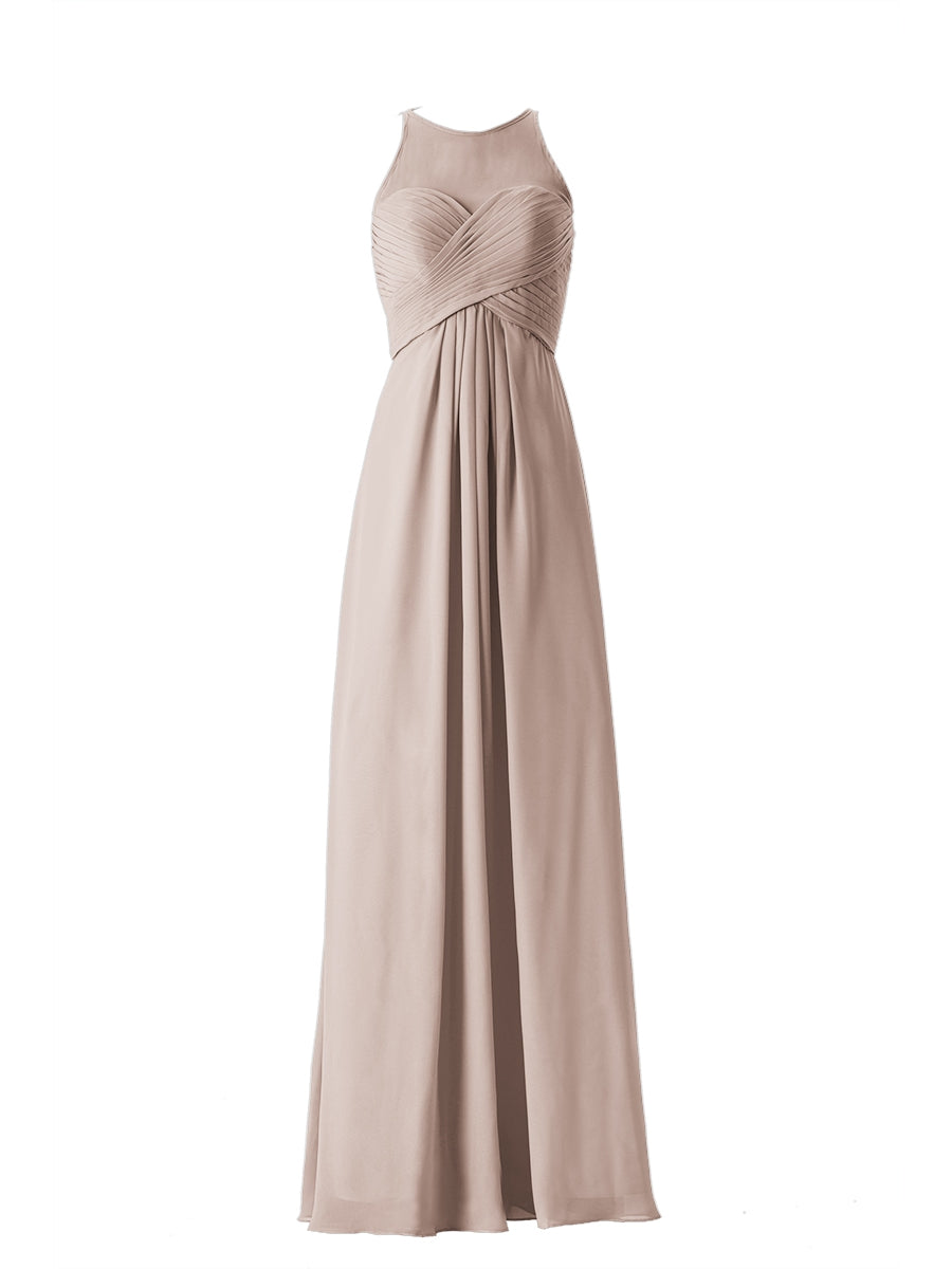 Chiffon Column Boat Neck Sleeveless Bridesmaid Dress-MB13630