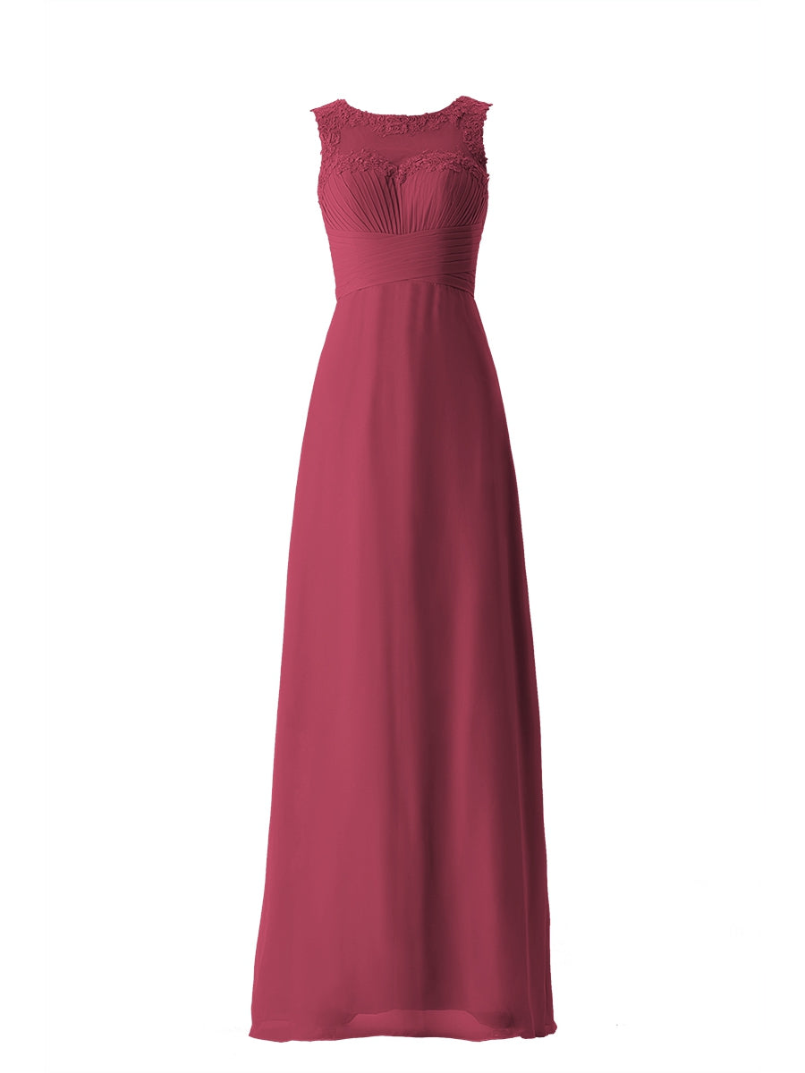 Chiffon Column Boat Neck Sleeveless Bridesmaid Dress-MB13640