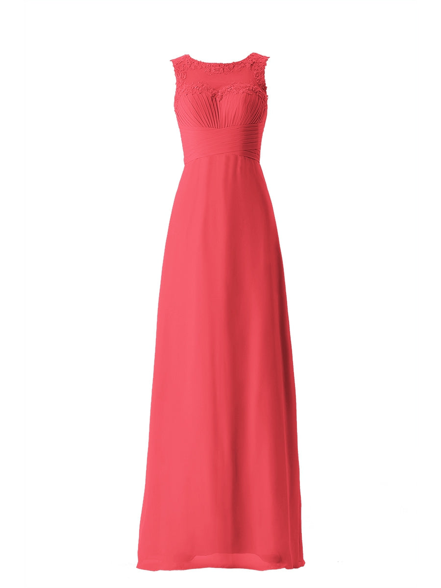 Chiffon Column Boat Neck Sleeveless Bridesmaid Dress-MB13640