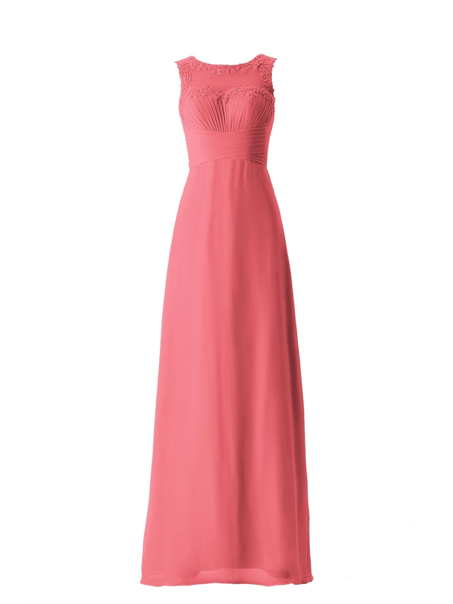 Chiffon Column Boat Neck Sleeveless Bridesmaid Dress-MB13640