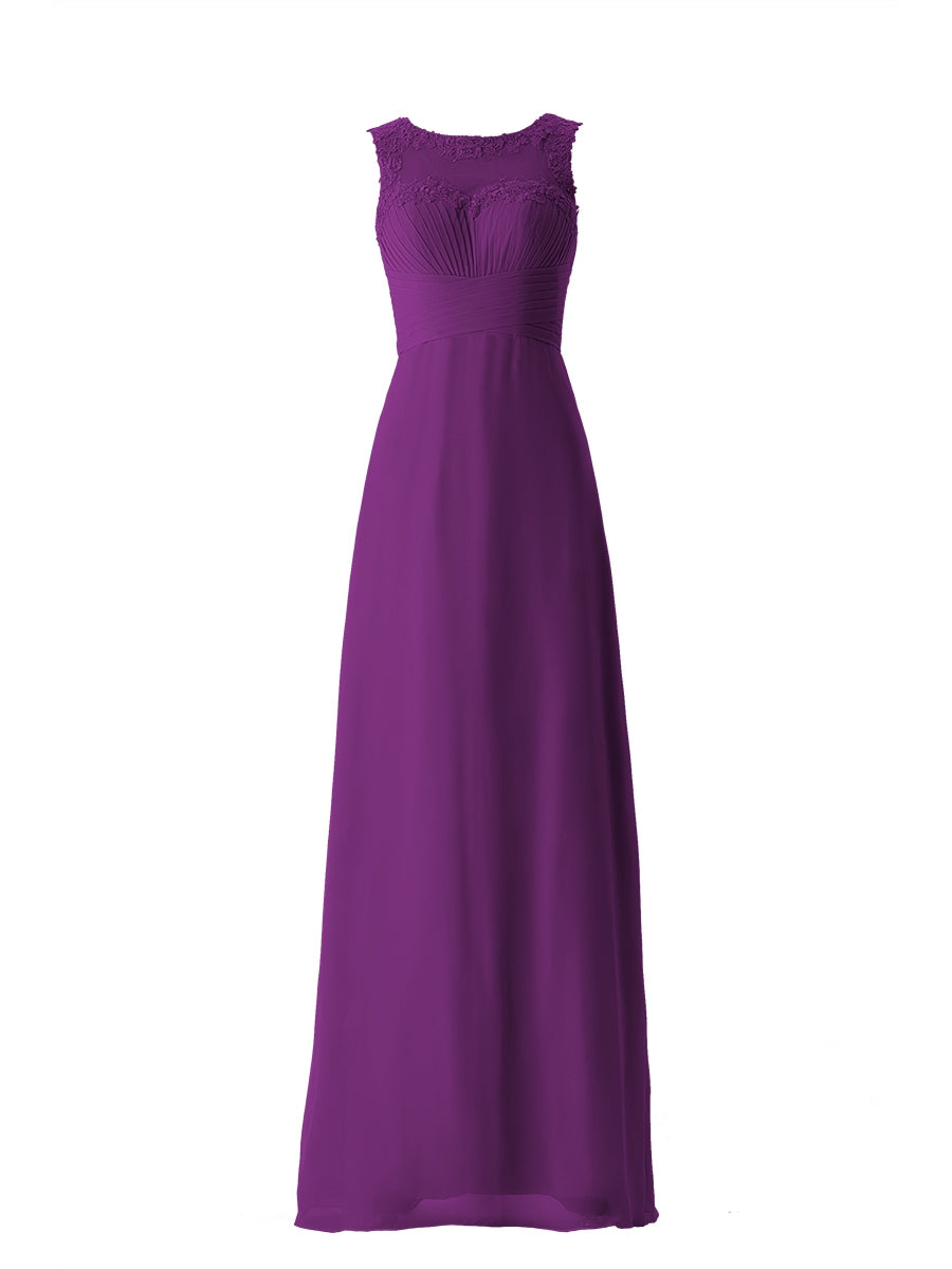 Chiffon Column Boat Neck Sleeveless Bridesmaid Dress-MB13640