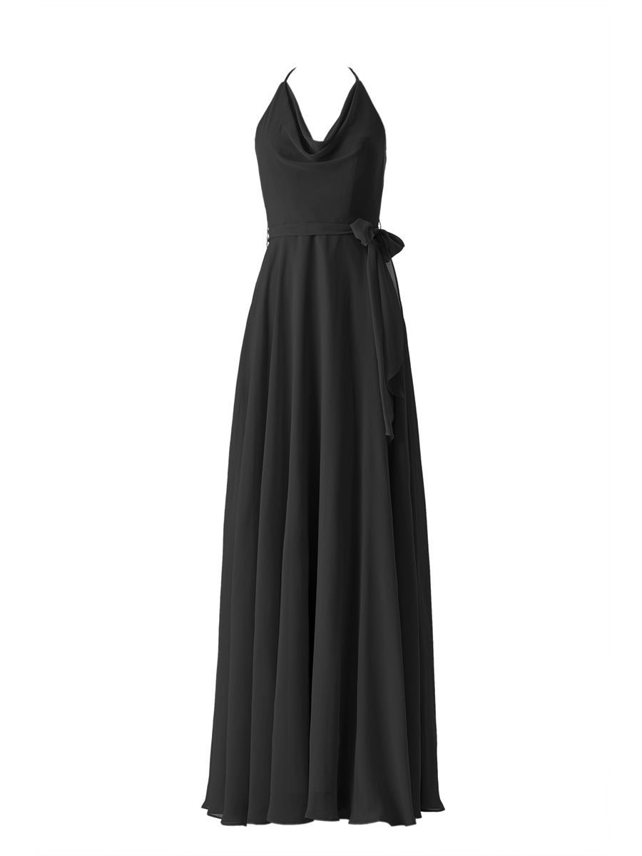 Chiffon Column Halter Sleeveless Bridesmaid Dress-MB13642