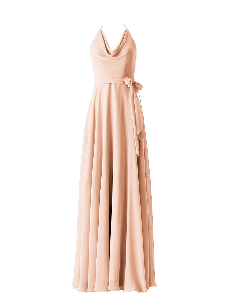 Chiffon Column Halter Sleeveless Bridesmaid Dress-MB13642