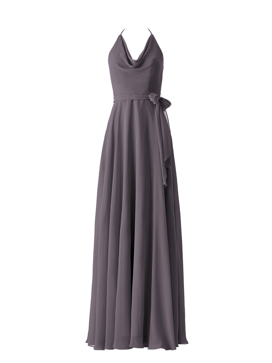 Chiffon Column Halter Sleeveless Bridesmaid Dress-MB13642