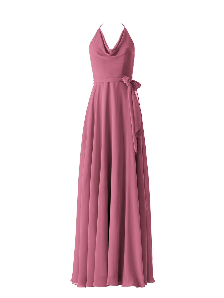 Chiffon Column Halter Sleeveless Bridesmaid Dress-MB13642