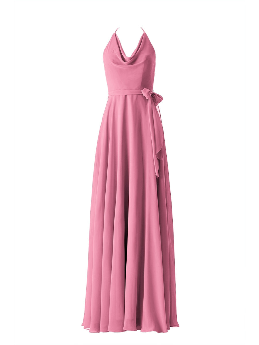 Chiffon Column Halter Sleeveless Bridesmaid Dress-MB13642