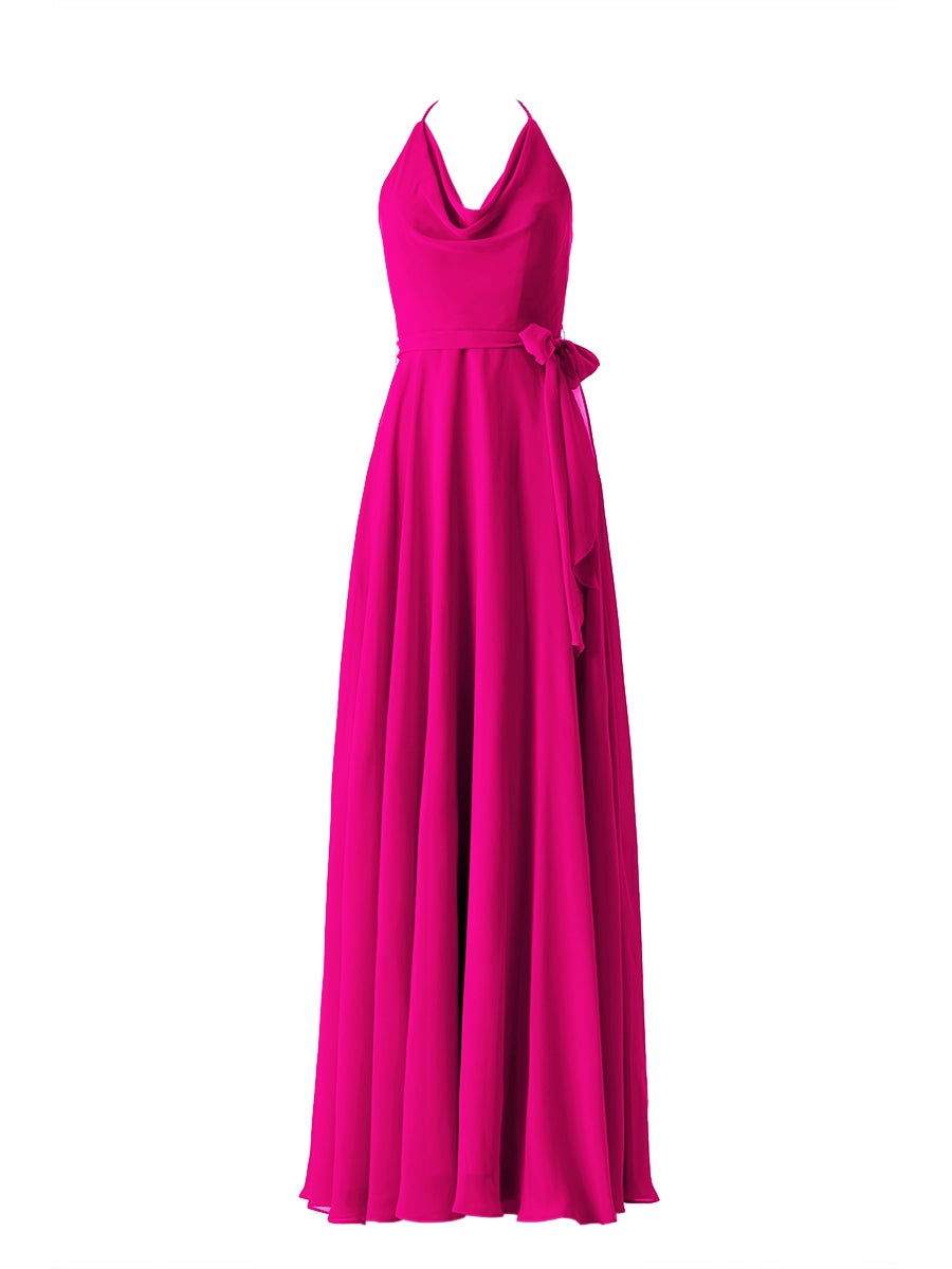 Chiffon Column Halter Sleeveless Bridesmaid Dress-MB13642