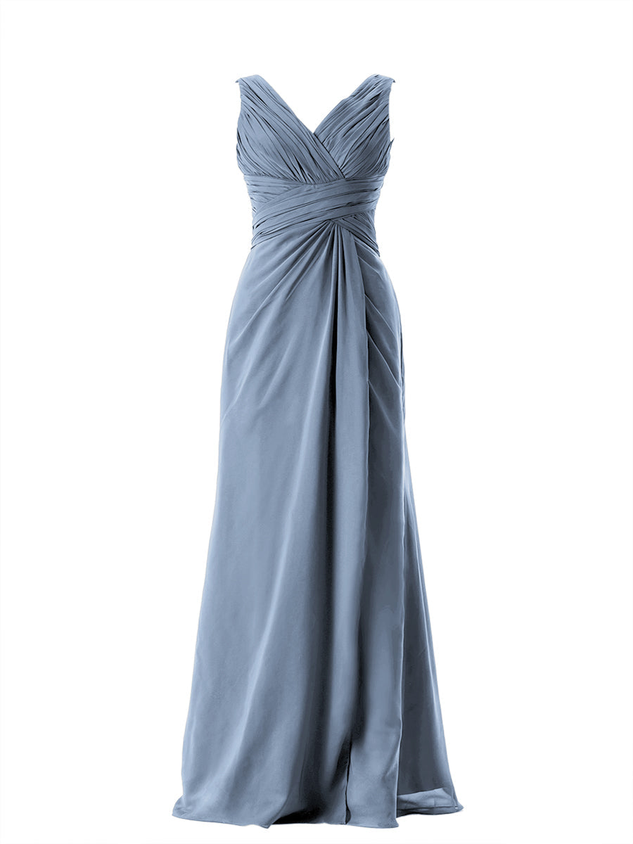 Chiffon Column V-Neck Sleeveless Bridesmaid Dress-MB13650