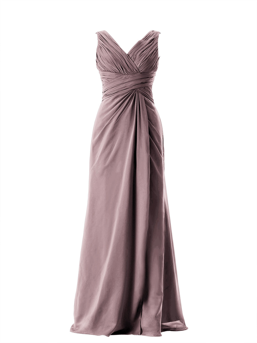 Chiffon Column V-Neck Sleeveless Bridesmaid Dress-MB13650