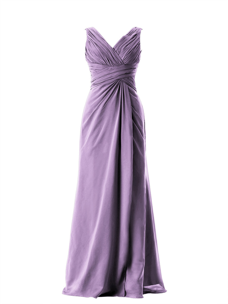 Chiffon Column V-Neck Sleeveless Bridesmaid Dress-MB13650