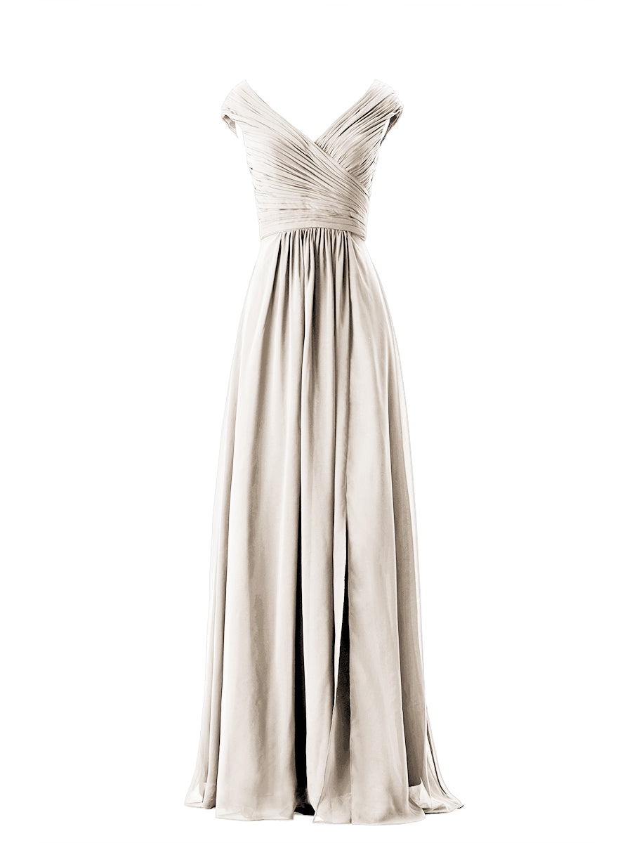 Chiffon Column V-Neck Cap Sleeves Bridesmaid Dress-MB13651