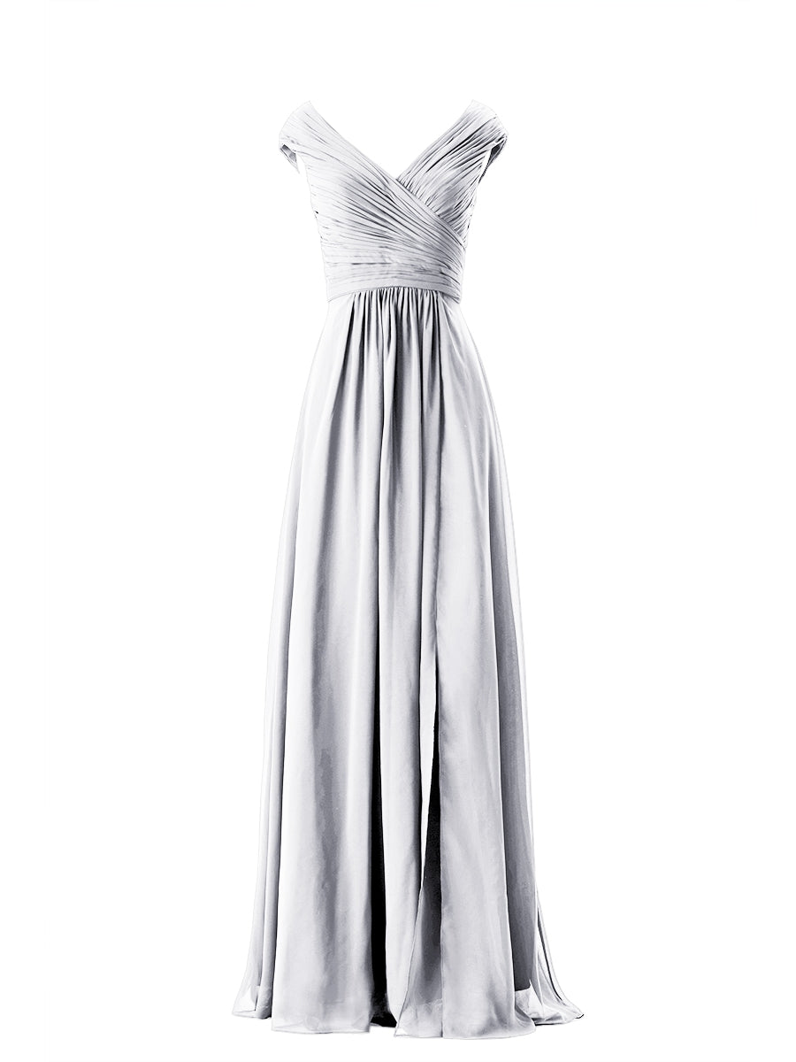 Chiffon Column V-Neck Cap Sleeves Bridesmaid Dress-MB13651