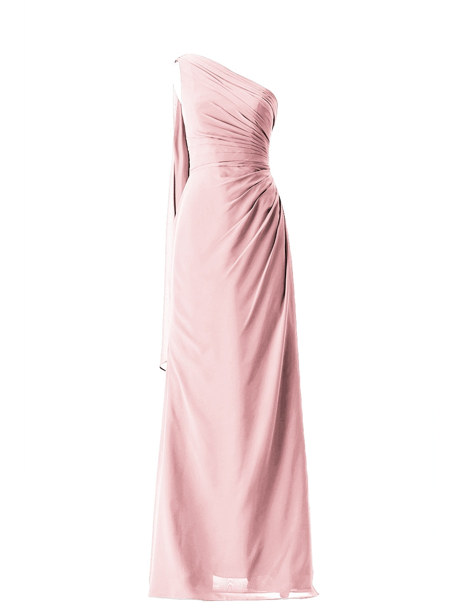 Chiffon Column One Shoulder Sleeveless Bridesmaid Dress-MB13656