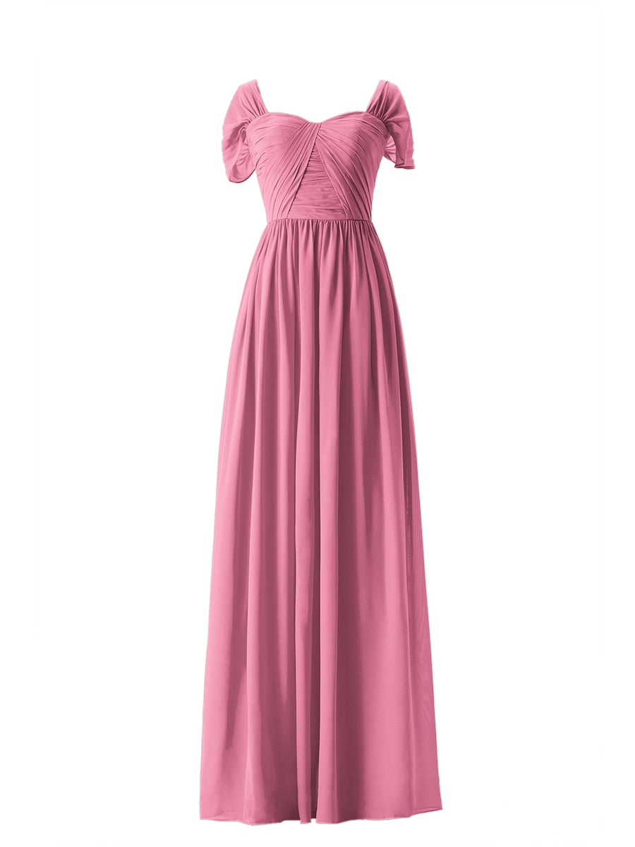 Chiffon Column Sweetheart Short Sleeves Bridesmaid Dress-MB13661