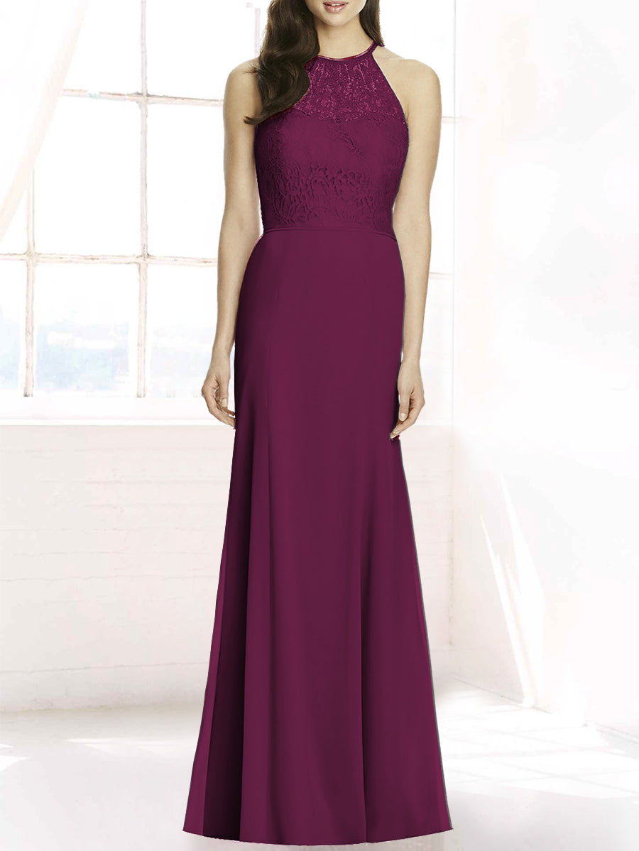 Lace Column Sheer Neck Sleeveless Bridesmaid Dress-MB50083