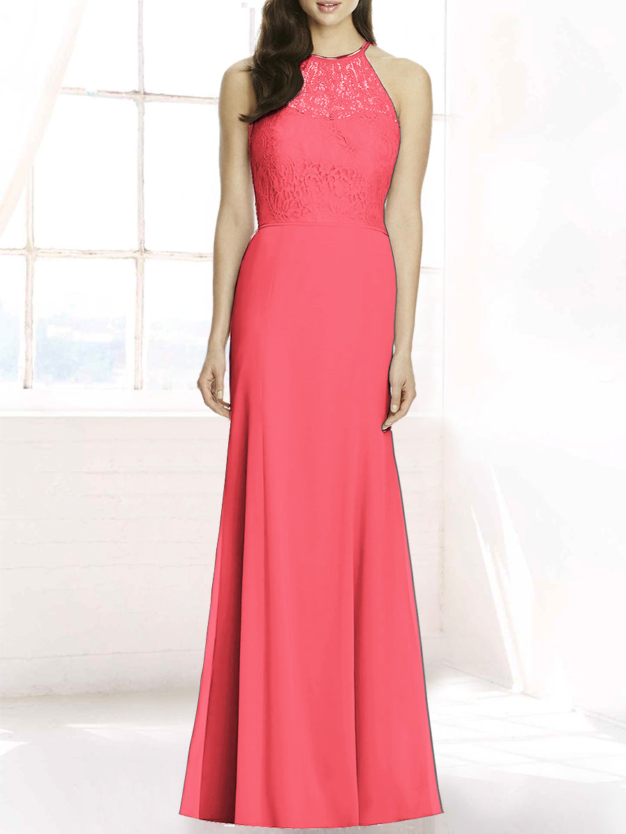 Lace Column Sheer Neck Sleeveless Bridesmaid Dress-MB50083