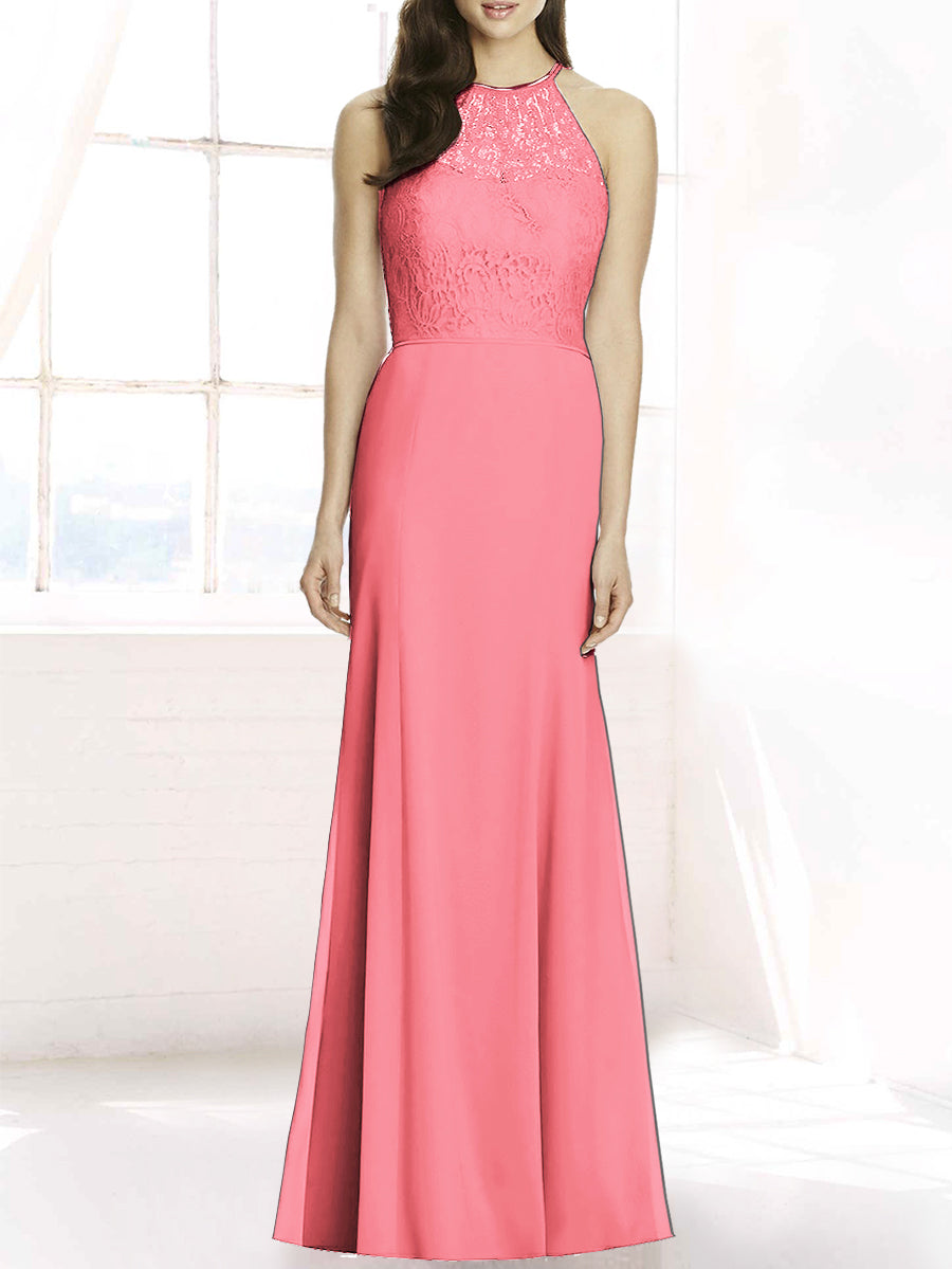 Lace Column Sheer Neck Sleeveless Bridesmaid Dress-MB50083