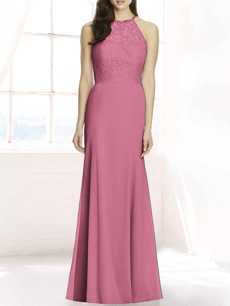 Lace Column Sheer Neck Sleeveless Bridesmaid Dress-MB50083