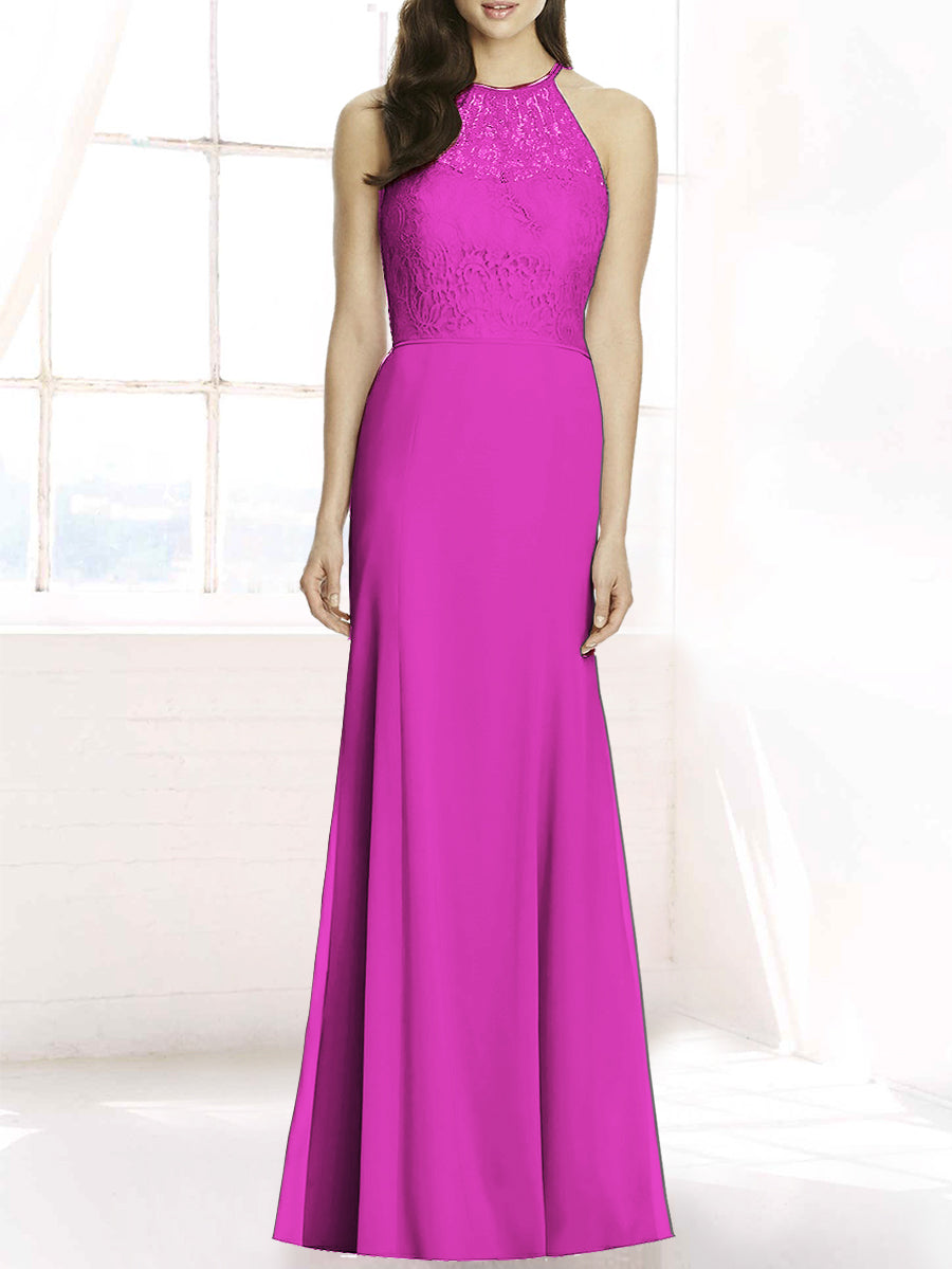 Lace Column Sheer Neck Sleeveless Bridesmaid Dress-MB50083