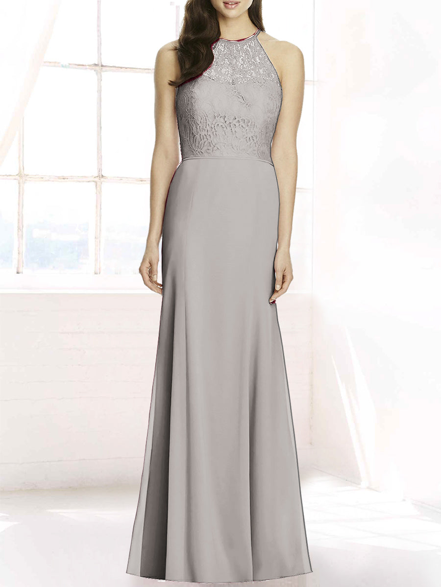 Lace Column Sheer Neck Sleeveless Bridesmaid Dress-MB50083