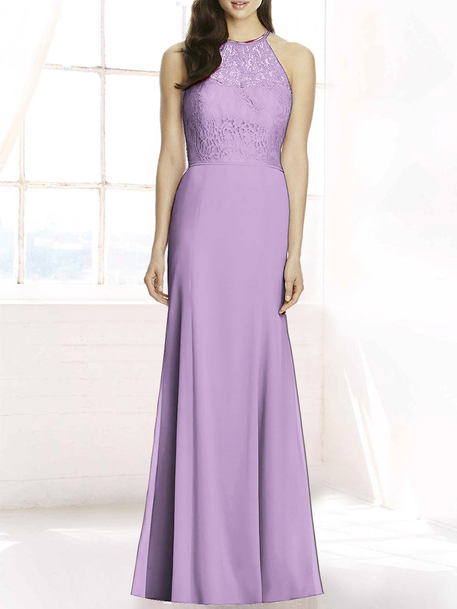 Lace Column Sheer Neck Sleeveless Bridesmaid Dress-MB50083