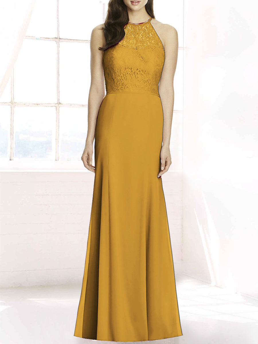 Lace Column Sheer Neck Sleeveless Bridesmaid Dress-MB50083