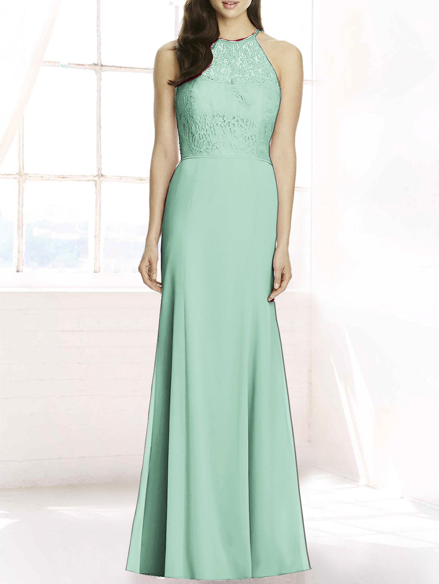 Lace Column Sheer Neck Sleeveless Bridesmaid Dress-MB50083