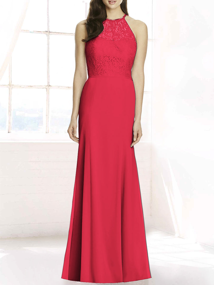 Lace Column Sheer Neck Sleeveless Bridesmaid Dress-MB50083