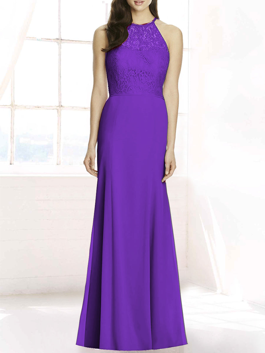 Lace Column Sheer Neck Sleeveless Bridesmaid Dress-MB50083