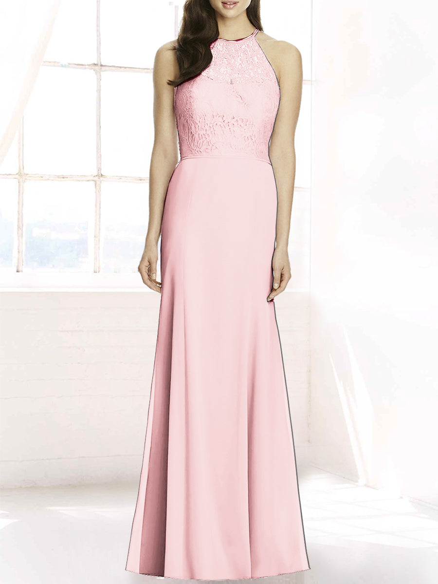 Lace Column Sheer Neck Sleeveless Bridesmaid Dress-MB50083