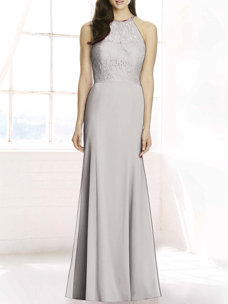 Lace Column Sheer Neck Sleeveless Bridesmaid Dress-MB50083